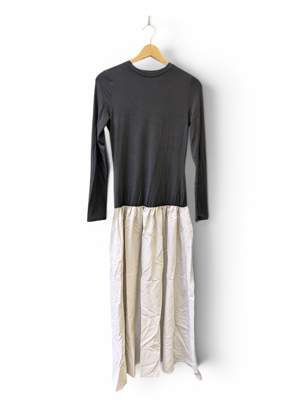 Two-Tone Long Sleeve Maxi Dress - Black & Cream